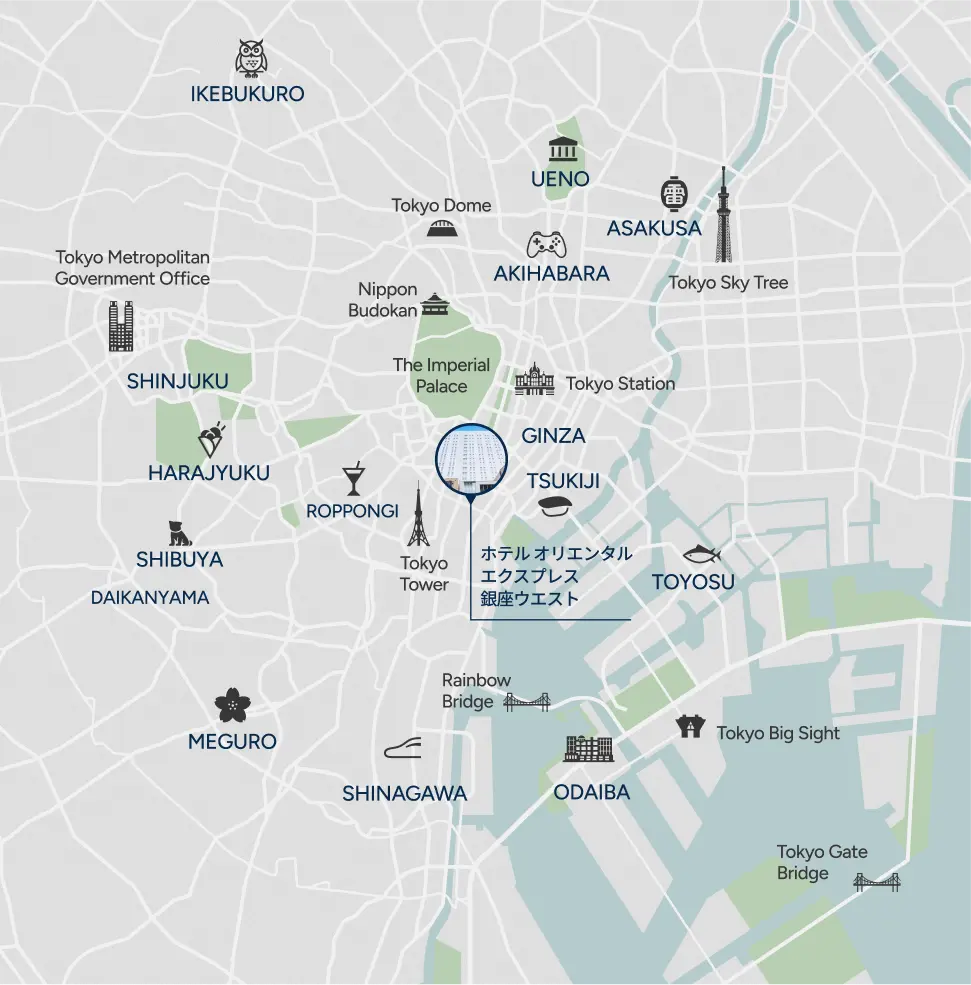 東京中心部のエリアマップ。GINZA（銀座）を中心に、ホテルオリエンタルエクスプレス銀座ウエストの位置を示し、東京タワー、東京駅、秋葉原、浅草、東京スカイツリー、上野、新宿、渋谷、六本木、お台場、レインボーブリッジ、東京ビッグサイトなど主要エリア・観光地が記載された地図イラスト